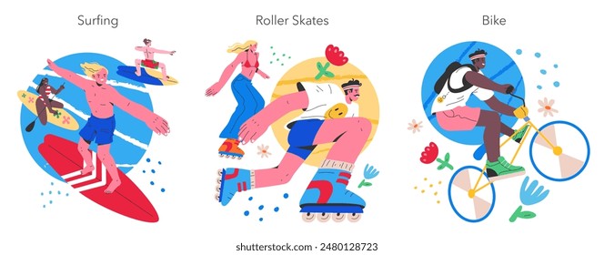 Summer Sports Activities set. Lively illustrations of people engaging in surfing, roller skating, and biking with vibrant background colors. Vector illustration.