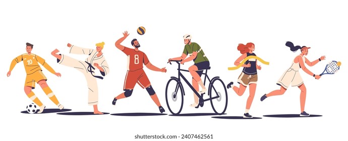 Summer Sports Athletes Male And Female Characters. Isolated Soccer Or Volleyball Player, Runner, Karate, Tennis