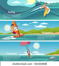 Summer sports banner. Surfing, Para-sailing, Windsurfing. Summer fun, Summer landscape, Summer vacation