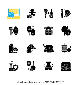 Summer sports and camp activities black glyph icons set on white space. Beach volleyball. Kids yoga. Flag football. Racket sport. Body workout. Silhouette symbols. Vector isolated illustration