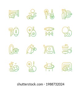 Summer sports and camp activities gradient linear vector icons set. Beach volleyball. Kids yoga. Flag football. Thin line contour symbols bundle. Isolated vector outline illustrations collection