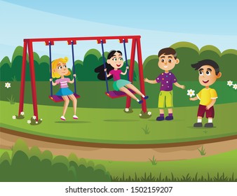 Summer Sports Camp for Children Cartoon Flat Vector Illustration. Group Kids Playing on Playground Outside. Entertainment. Girls Riding on Swing, Boys Communicating and Having Fun Together.