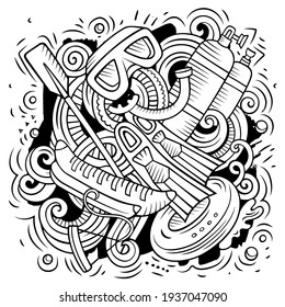 Summer sports cartoon doodle illustration. Funny design. Creative vector background. water sport elements and objects. Line art composition
