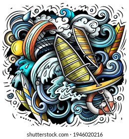 Summer sports cartoon doodle illustration. Funny Art design. Creative vector background. water sport elements and objects. Colorful composition
