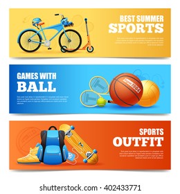 Summer sports cartoon horizontal banners set with cycling and basketball isolated vector illustration 
