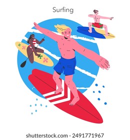 Concepto de deportes de verano. Diversos personajes disfrutando del surf, remando sobre las vibrantes olas del océano. Escena de actividad de playa dinámica. Ilustración vectorial.