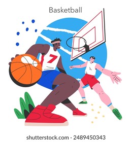 Summer sports concept. Dynamic basketball players in action on the court in a casual game. Energetic competition and teamwork. Vector illustration.