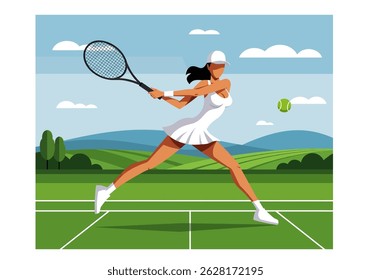 Summer sports healthy activity: Flat style vector illustration of a woman playing tennis on a green court under a sunny sky. Active summer game.
