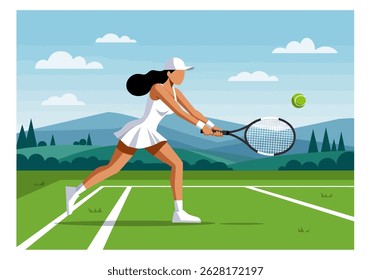 Summer sports healthy activity: Flat style vector illustration of a woman playing tennis on a green court under a sunny sky. Active summer game.