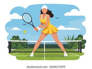 Summer sports healthy activity: Flat style vector illustration of a woman playing tennis on a green court under a sunny sky. Active summer game.