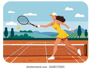 Summer sports healthy activity: Flat style vector illustration of a woman playing tennis on a green court under a sunny sky. Active summer game.
