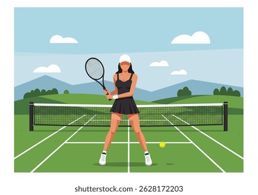Summer sports healthy activity: Flat style vector illustration of a woman playing tennis on a green court under a sunny sky. Active summer game.