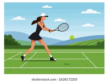 Summer sports healthy activity: Flat style vector illustration of a woman playing tennis on a green court under a sunny sky. Active summer game.
