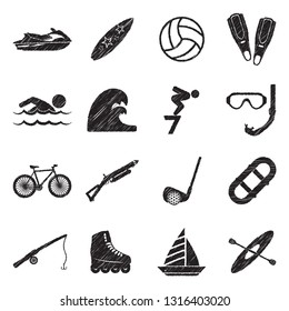 Summer Sports Icons. Black Scribble Design. Vector Illustration.