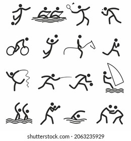 Summer sports icons. Stylish linear humanoids in different poses