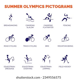 Summer sports icons. Vector isolated pictograms on white background with the names of sports disciplines.