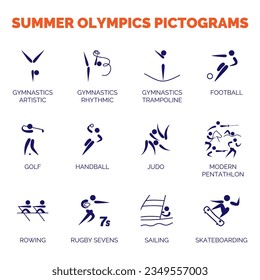 Summer sports icons. Vector isolated pictograms on white background with the names of sports disciplines.