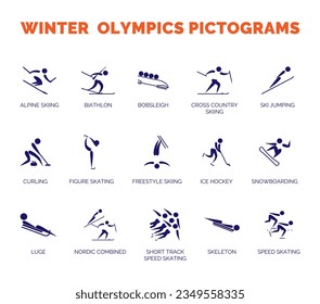 Summer sports icons. Vector isolated pictograms on white background with the names of sports disciplines. Olympic game.