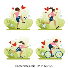 Summer sports. Love of sports. A set of vector illustrations of summer outdoor sports - skateboarding and cycling, running and playing football. Cartoon style illustration