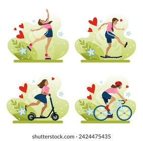 Summer sports. Love of sports. A set of vector illustrations of summer outdoor sports - skateboarding, roller skating, scooter and bicycle. Cartoon style illustration