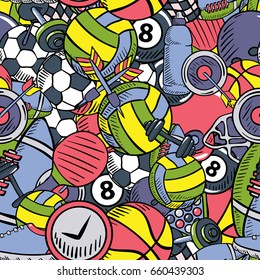 Summer Sports Objects Symbols Set Seamless Texture Pattern Vector Art Design Illustration