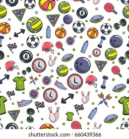 Summer Sports Objects Symbols Set Seamless Texture Pattern Vector Art Design Illustration