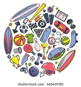 Summer Sports Objects Symbols Set Collection in a Circle Shape Vector Art Design Illustration