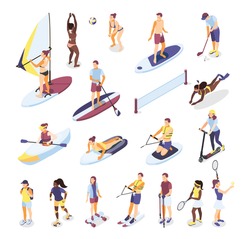 Summer Sports And Outdoor Activities Isometric Icons Set Of People Riding On Surfboard  Sup Board Kayak Scooter Rollers Isolated Vector Illustration