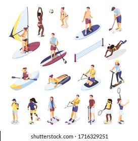 Deportes de verano y actividades al aire libre iconos isométricos conjunto de personas que van en tablas de surf sup board kayak scooter rodillos aislados ilustración vectorial