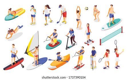 Summer Sports And Outdoor Activities Isometric Icons With People Playing Golf Tennis Volleyball Skating Vector Illustration