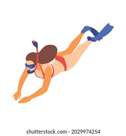 Summer sports and outdoor activities isometric composition with female character of diver wearing mask vector illustration