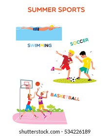 Summer sports poster. Children playing soccer, basketball. Swimming boy.  Vector illustration.