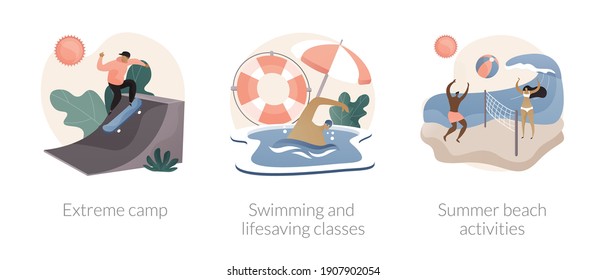 Summer sports and recreation abstract concept vector illustration set. Extreme camp, swimming and lifesaving classes, summer beach activities, adventure park, surfing and diving abstract metaphor.