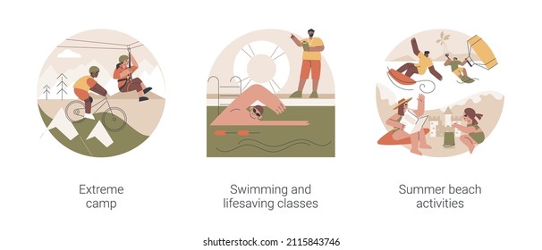 Summer sports and recreation abstract concept vector illustration set. Extreme camp, swimming and lifesaving classes, summer beach activities, adventure park, surfing and diving abstract metaphor.