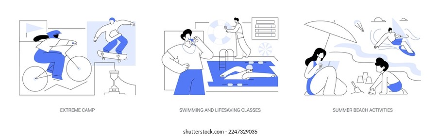 Summer sports and recreation abstract concept vector illustration set. Extreme camp, swimming and lifesaving classes, summer beach activities, adventure park, surfing and diving abstract metaphor.