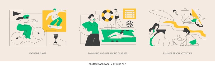 Summer sports and recreation abstract concept vector illustration set. Extreme camp, swimming and lifesaving classes, summer beach activities, adventure park, surfing and diving abstract metaphor.