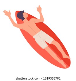 Summer sports and relaxation by seaside, isolated male character swimming on surfing board. Man on paddleboard exercising and practicing, summertime activities and vacations. Vector in flat