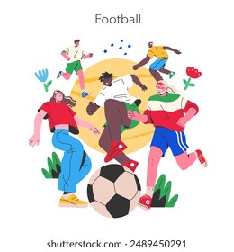 Escena deportiva de verano con gente diversa participando en un partido de fútbol dinámico, capturando la esencia del trabajo en equipo y la actividad. Ilustración vectorial.