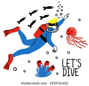 summer sports. scuba diving in a variety of poses, boy. hand-drawn. drawing lines. vector illustration. for a dive shop or club. vector illustration of modern doodle style