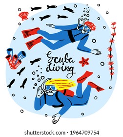 summer sports. scuba diving in a variety of poses, boy. hand-drawn. drawing lines. vector illustration. for a dive shop or club. vector illustration of modern doodle style