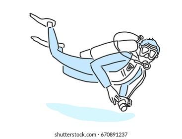 summer sports. scuba diving in variety poses. hand drawn. line drawing. vector illustration.