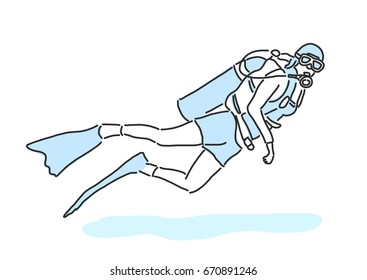 summer sports. scuba diving in variety poses. hand drawn. line drawing. vector illustration.