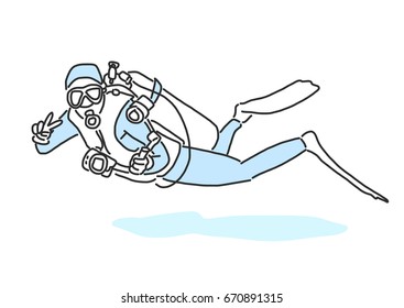 summer sports. scuba diving in variety poses. hand drawn. line drawing. vector illustration.