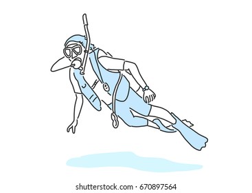 summer sports. scuba diving in variety poses. hand drawn. line drawing. vector illustration.