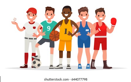 Summer sports. Set of players in baseball, basketball, soccer, Greco-Roman wrestling and boxing. Vector illustration in a flat style
