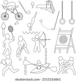 Summer sports. Set of vector illustrations. Doodle style. Collection of sports games. Coloring book . Cycling, judo, target archery, diving, rowing slalom, field hockey. Group of sports icons. 