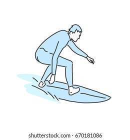 summer sports. surfing in variety poses. hand drawn. line drawing. vector illustration.