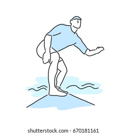 summer sports. surfing in variety poses. hand drawn. line drawing. vector illustration.