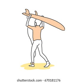 summer sports. surfing in variety poses. hand drawn. line drawing. vector illustration.