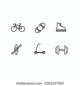 Iconos vectores deportivos de verano conjunto estival vectorial colección de iconos transporte material deportivo ejercicio al aire libre aislado pictograma bosquejado ciclismo skateboard rodillo hoja kayak scooter paseo fitness